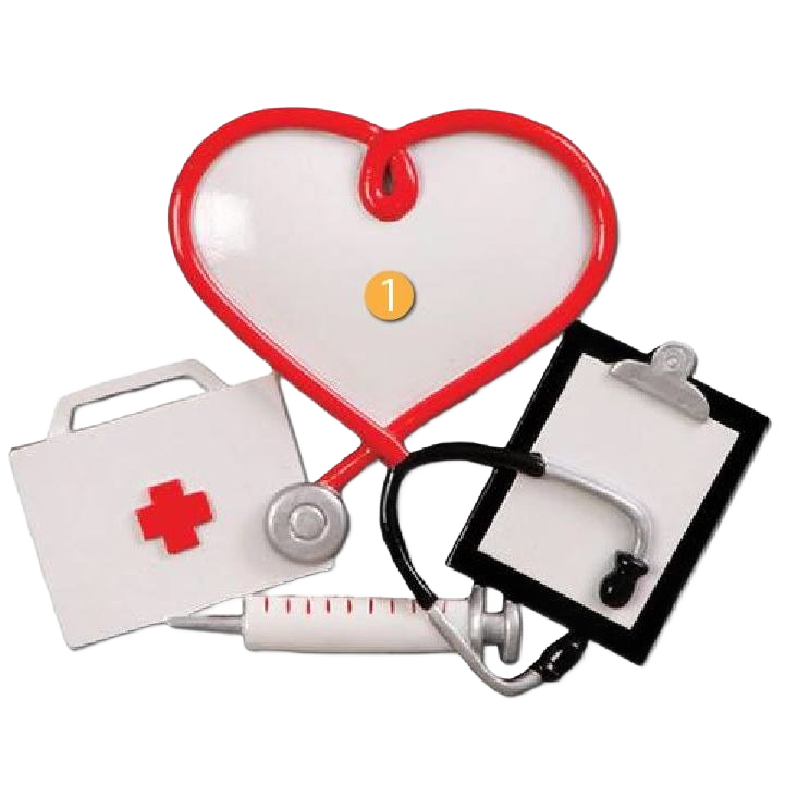 Medical-themed ornament with red heart frame, stethoscope, clipboard, syringe, and first aid kit for Christmas decor under $50 collection