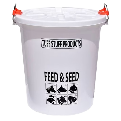 White feed and seed storage drum with locking lid and red stainless steel handles for farm and pet use under $100.