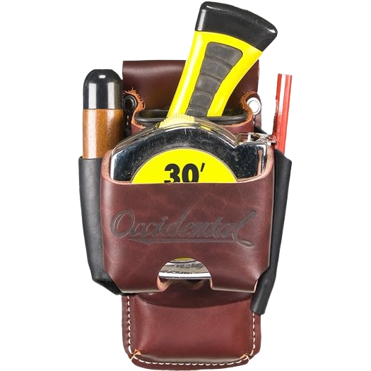 Leather tool and tape holder pouch with measuring tape and hand tools for woodworking and workshop organization under $50