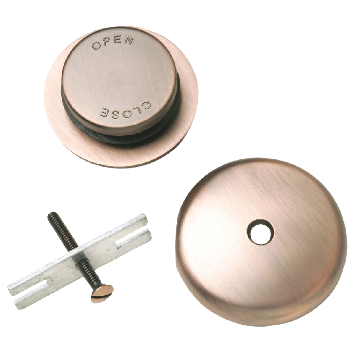 Copper-toned bath drain trim kit with faceplate, stopper, and mounting screw for plumbing repair and home improvement