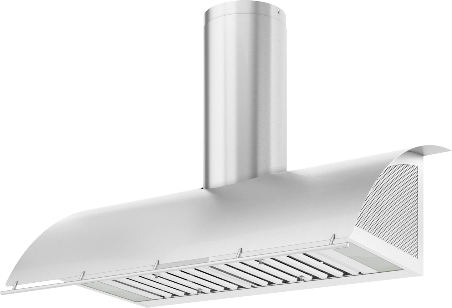 Stainless steel chimney hood with perforated side panels and LED lighting for kitchen and range hood collections