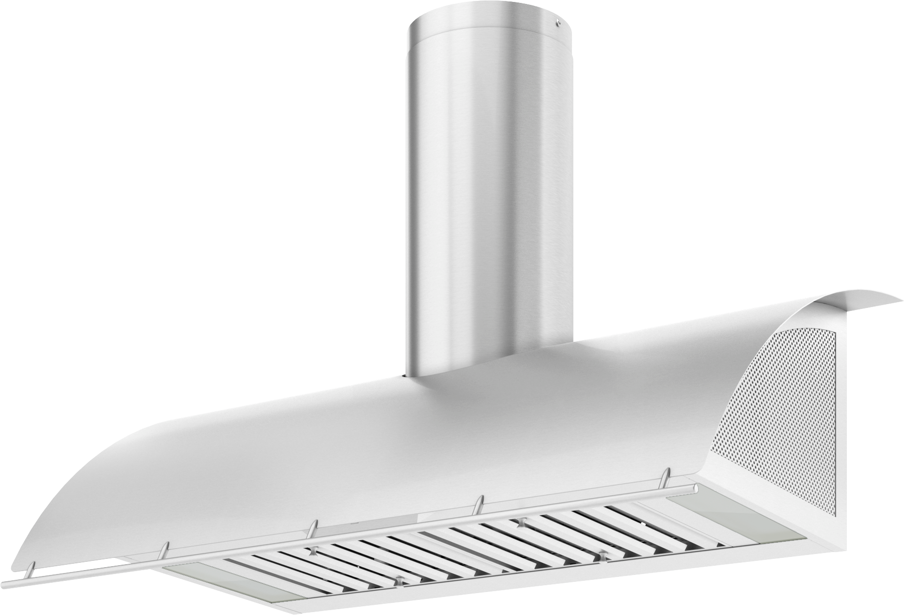 Stainless steel chimney hood with perforated side panels and LED lighting for kitchen and range hood collections