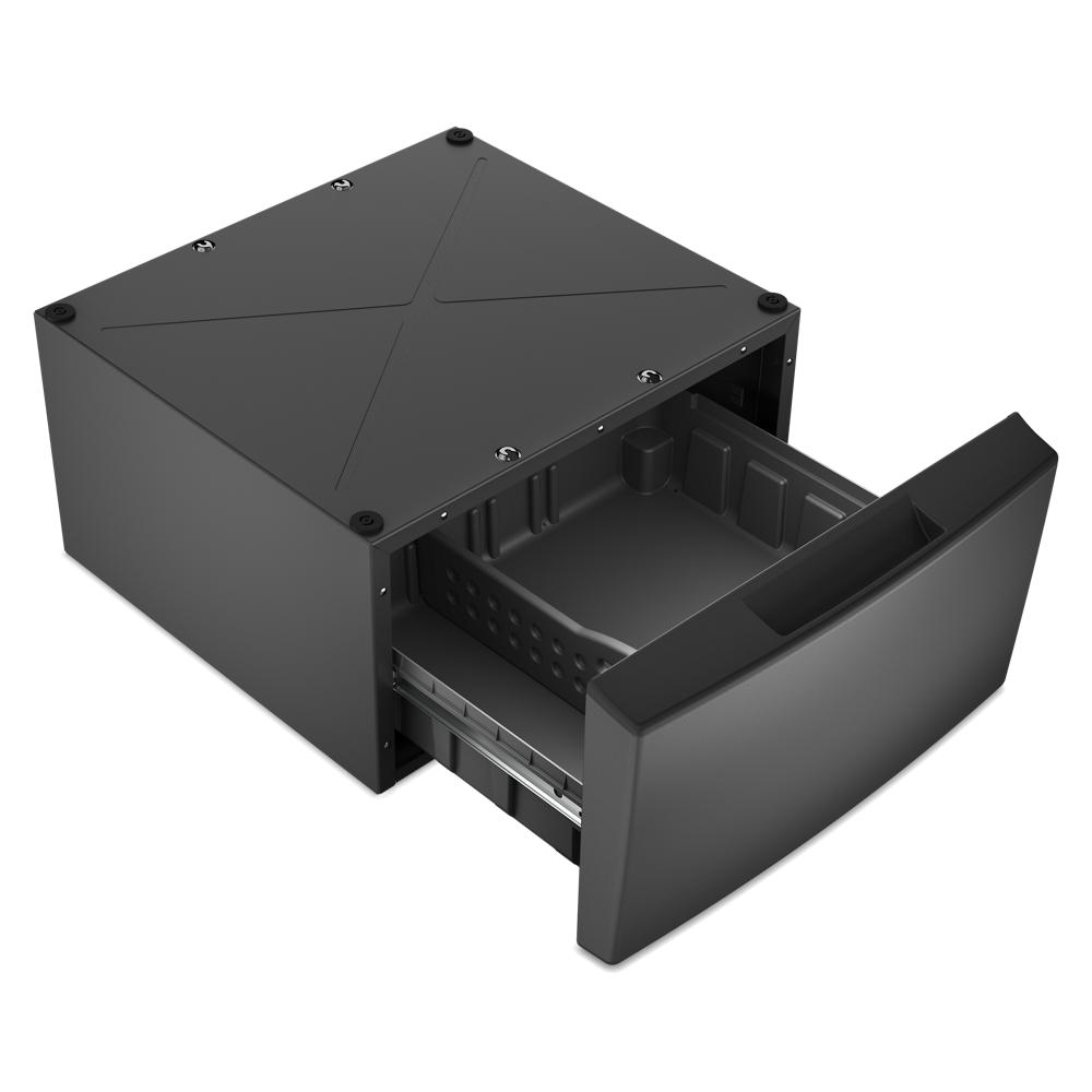 Black pedestal with storage drawer for front load washer and dryer, part of appliance accessories collection