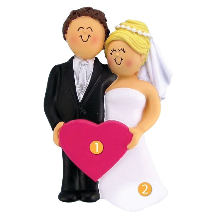 Personalized wedding couple ornament with brunette groom and blonde bride holding a pink heart from Christmas decorations collection