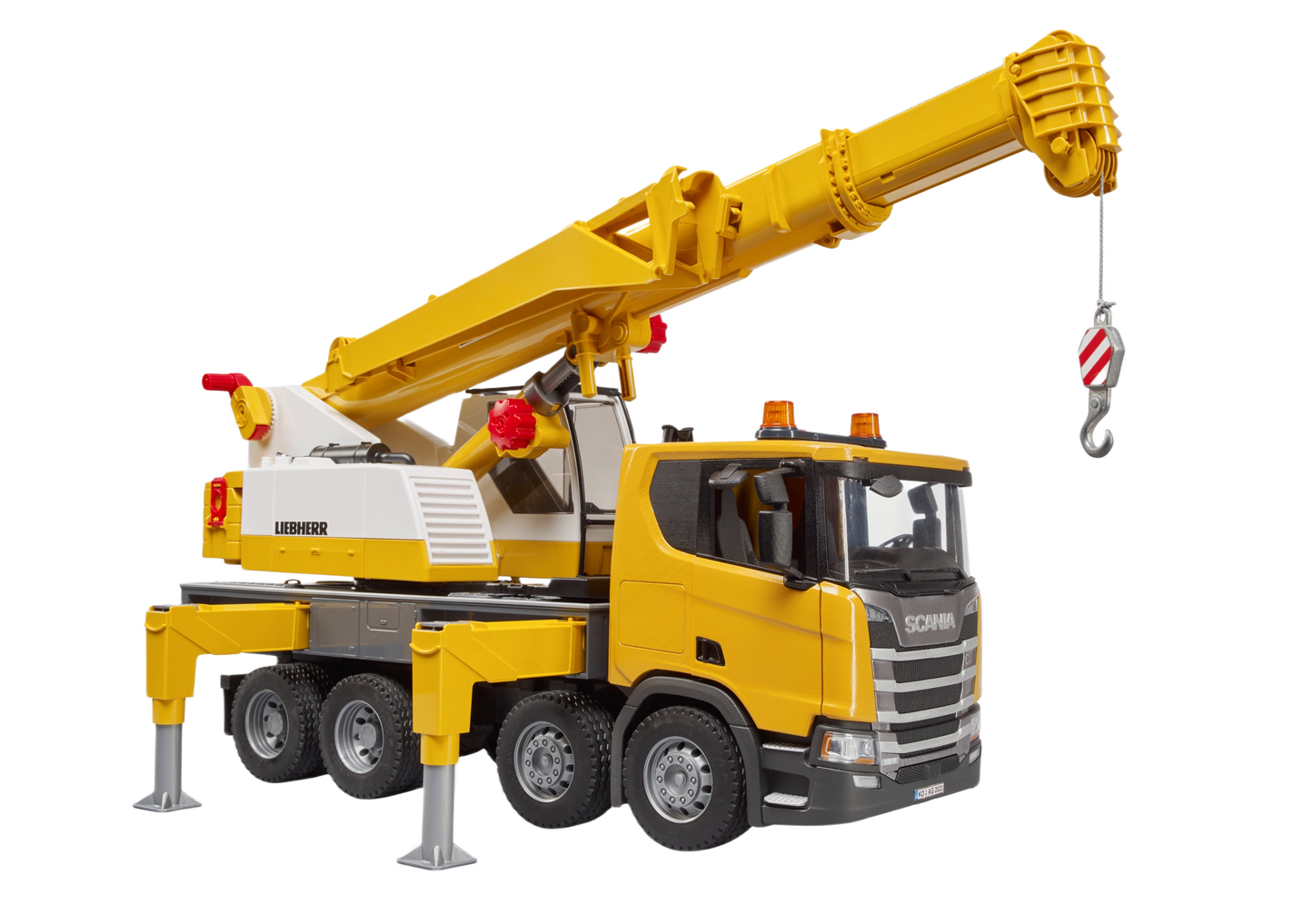 Yellow and white Bruder crane truck model with fold-out boom and realistic light and sound features in toy collections