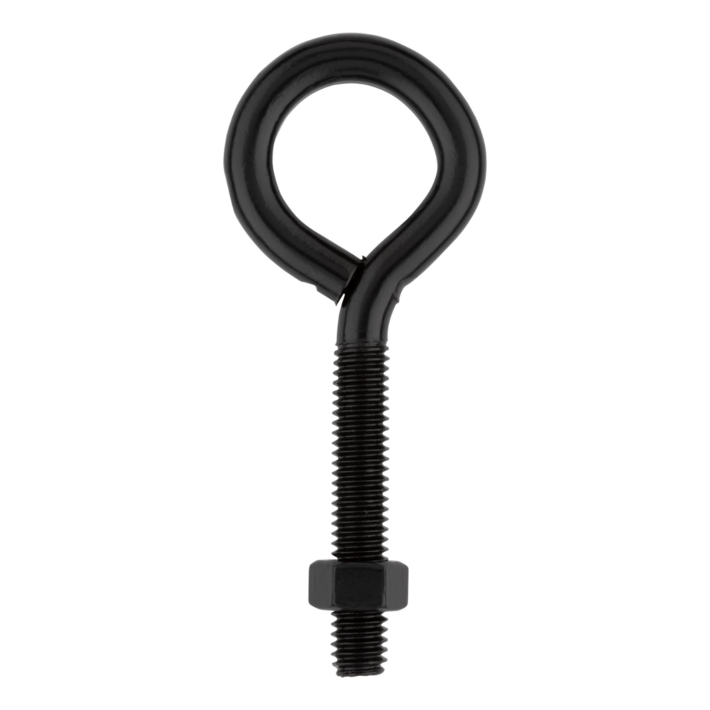 Black finished eye bolt with threaded shaft and nut for secure fastening in hardware and fastener collections