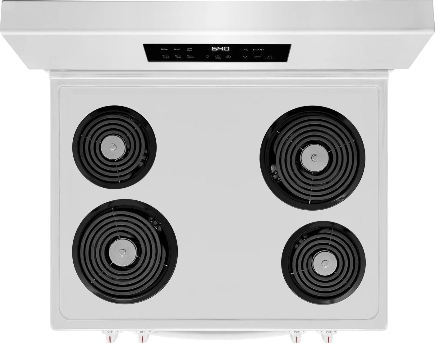 Top view of a white electric range with four coil burners and digital controls in kitchen appliances collection