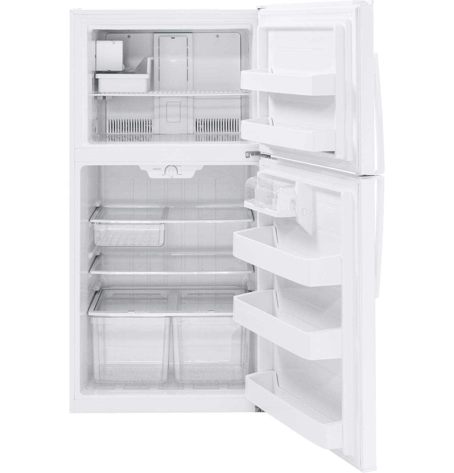 Open white top-freezer refrigerator showing adjustable shelves and door bins in kitchen appliances and refrigerators collection