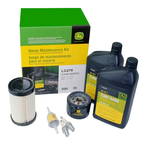John Deere maintenance kit with oil, filter, spark plugs, and fuel filter for tools and home improvement use