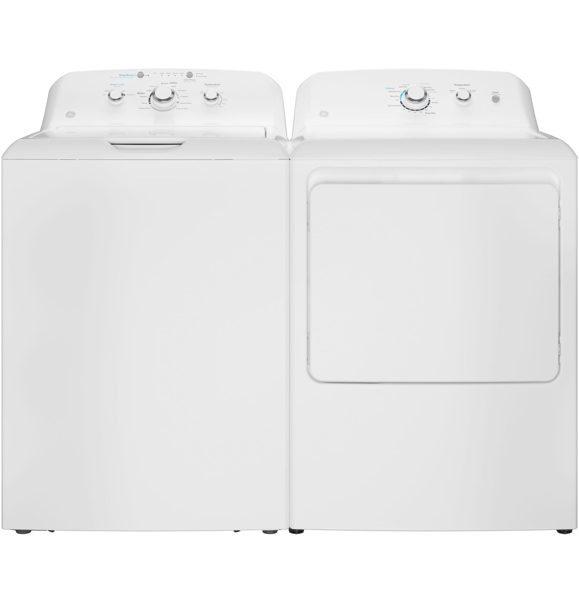 Front view of white top-load washing machine and matching electric dryer with control dials in Appliances at Hartville Hardware