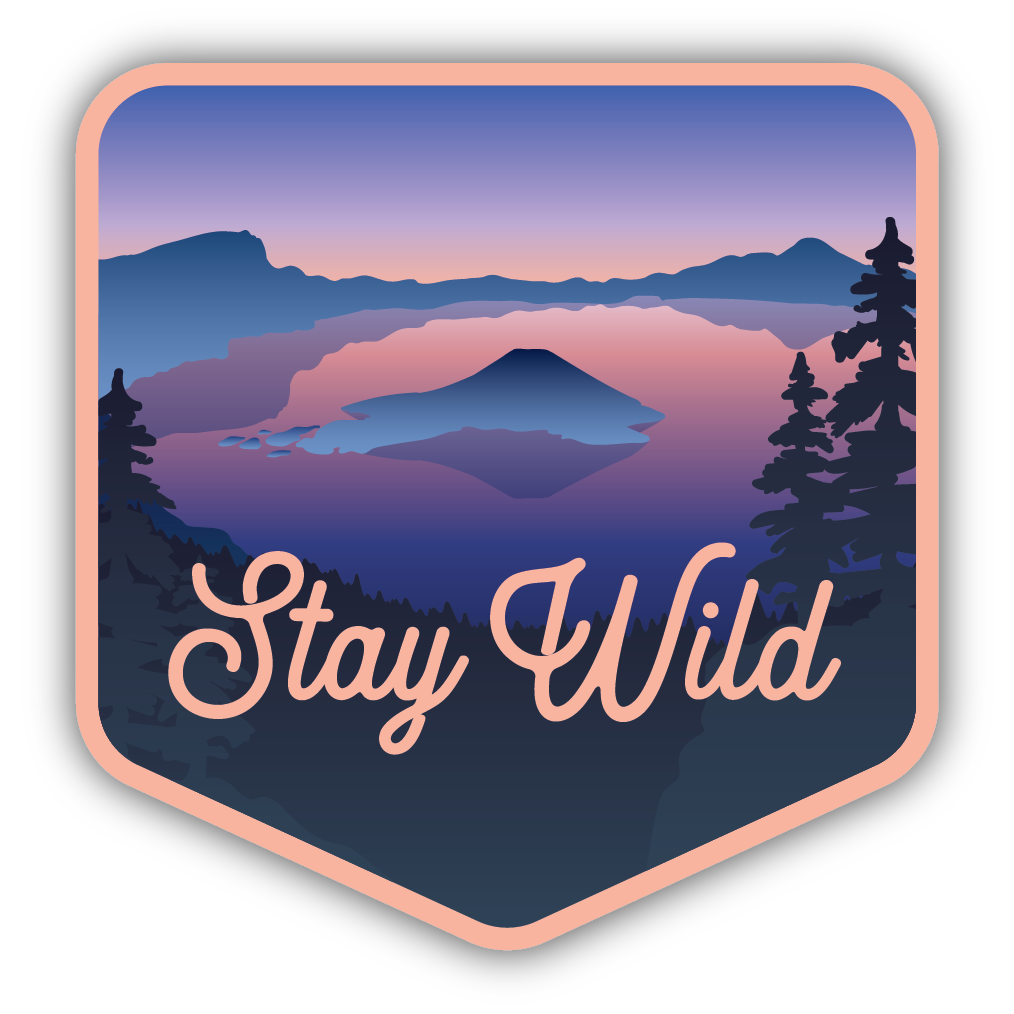 Colorful outdoors-themed sticker with "Stay Wild" text over a mountain and forest lake sunset scene for dorm or kitchen decor