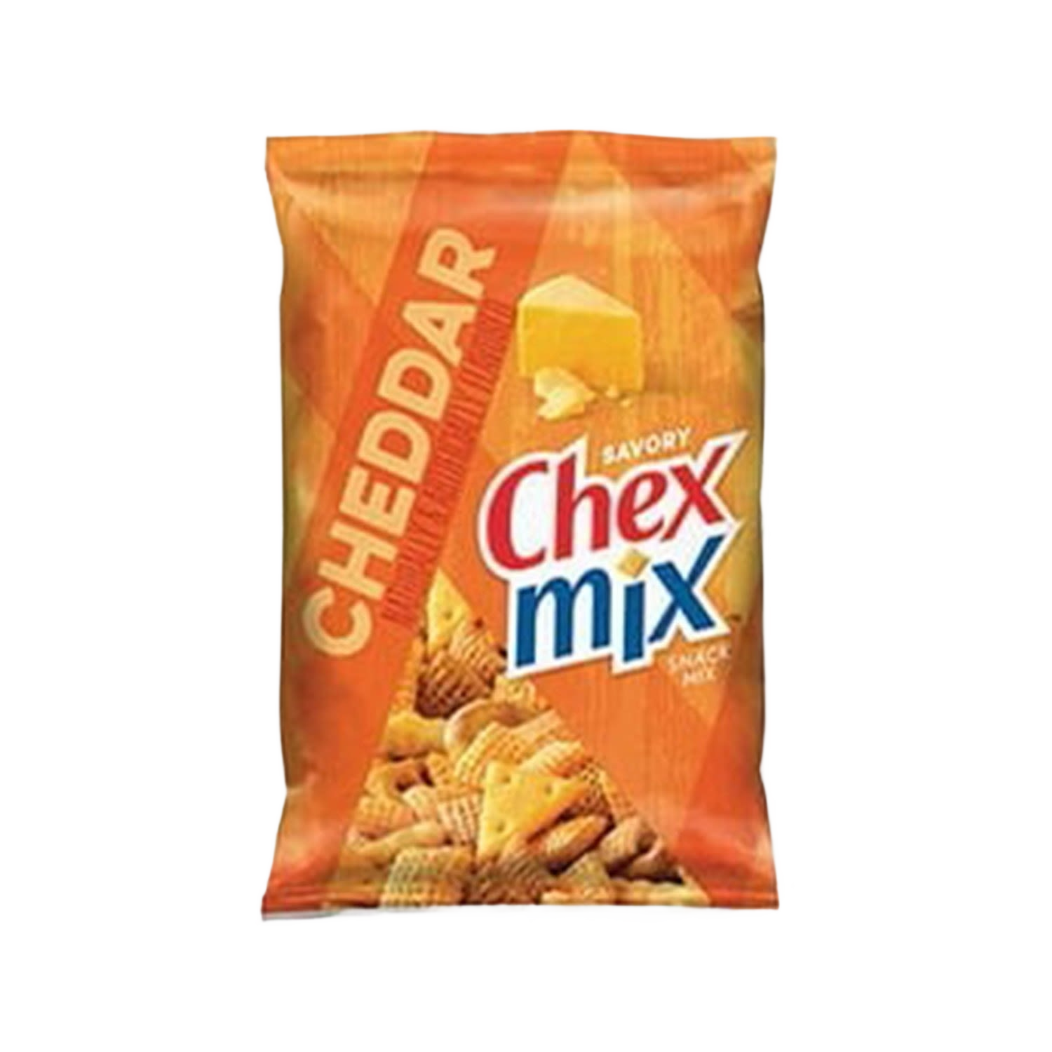 Bag of cheddar-flavored Chex mix snack with crunchy cereal, pretzels, and crackers from Chips & Snacks collection