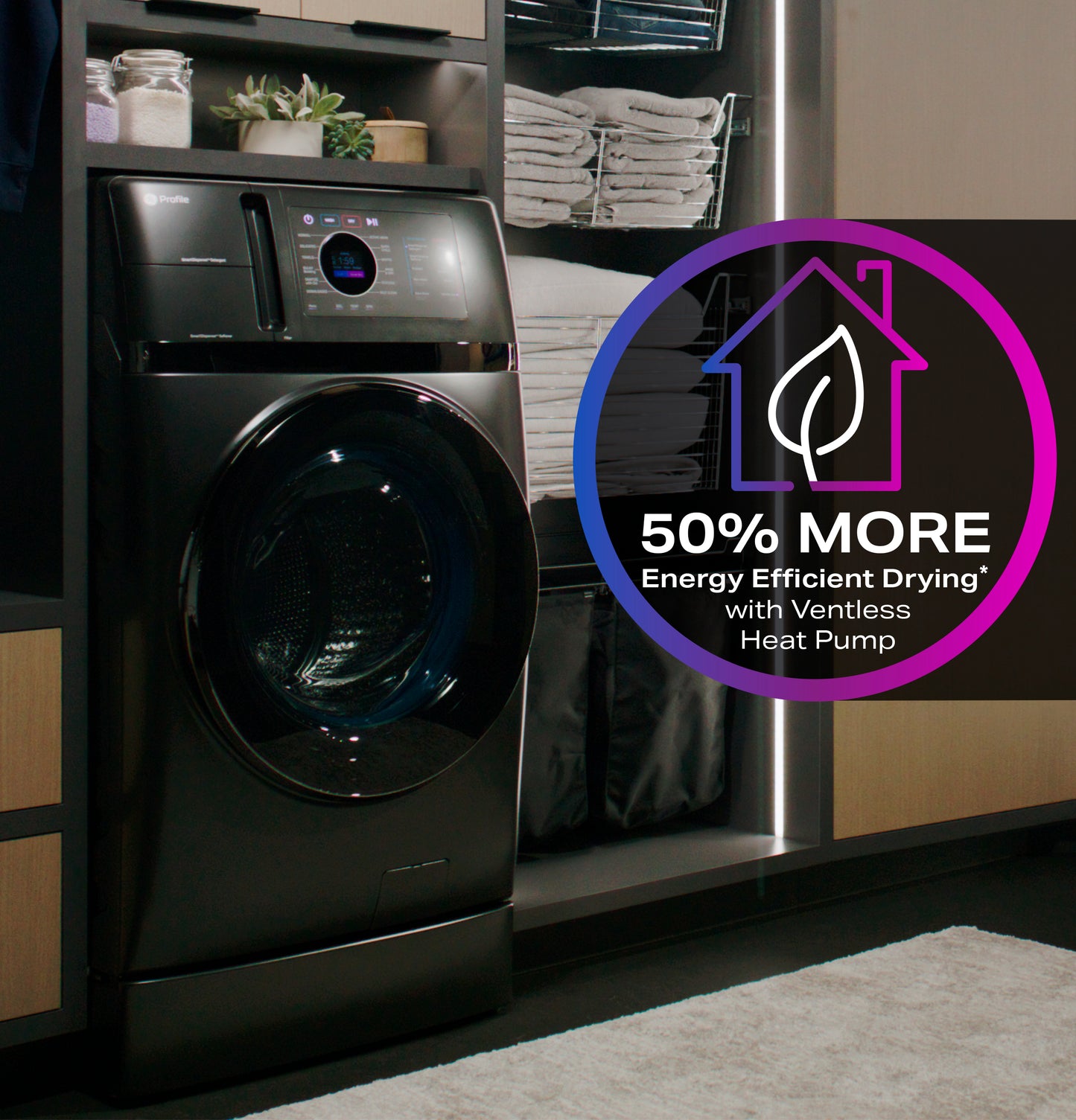 Dark gray washer/dryer combo in modern laundry room with stacked towels and energy efficiency badge graphic