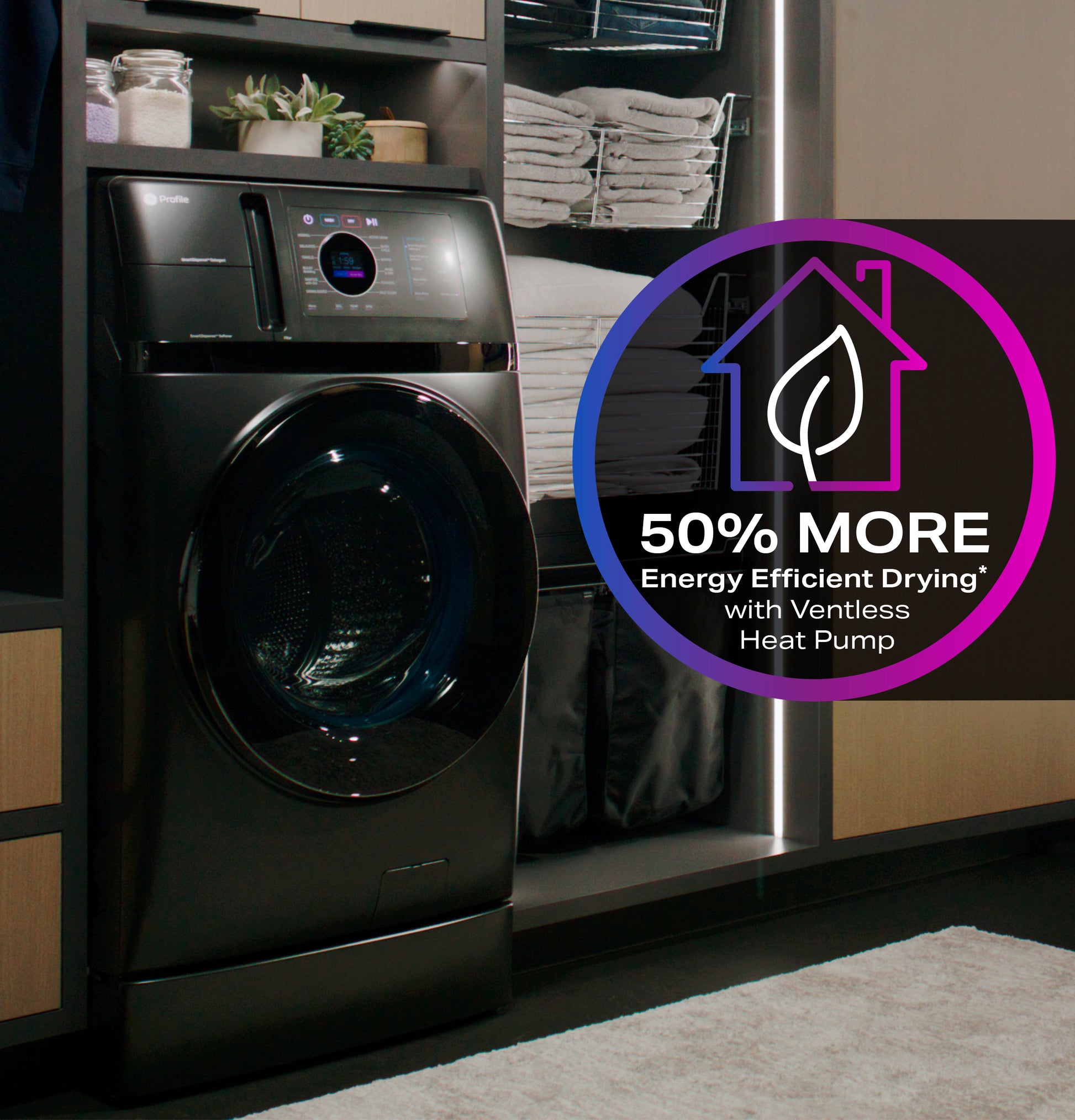Dark gray washer/dryer combo in modern laundry room with stacked towels and energy efficiency badge graphic