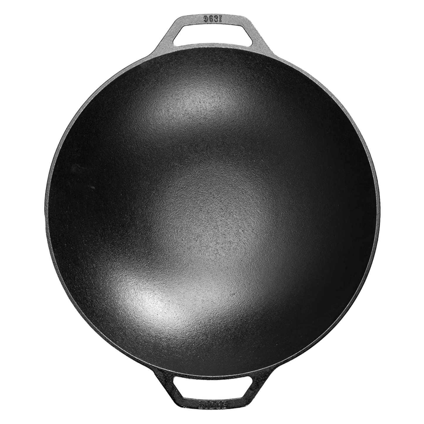 Black cast iron wok with wide base and dual handles, part of kitchenware and Lodge Cast Iron cookware collections under $100