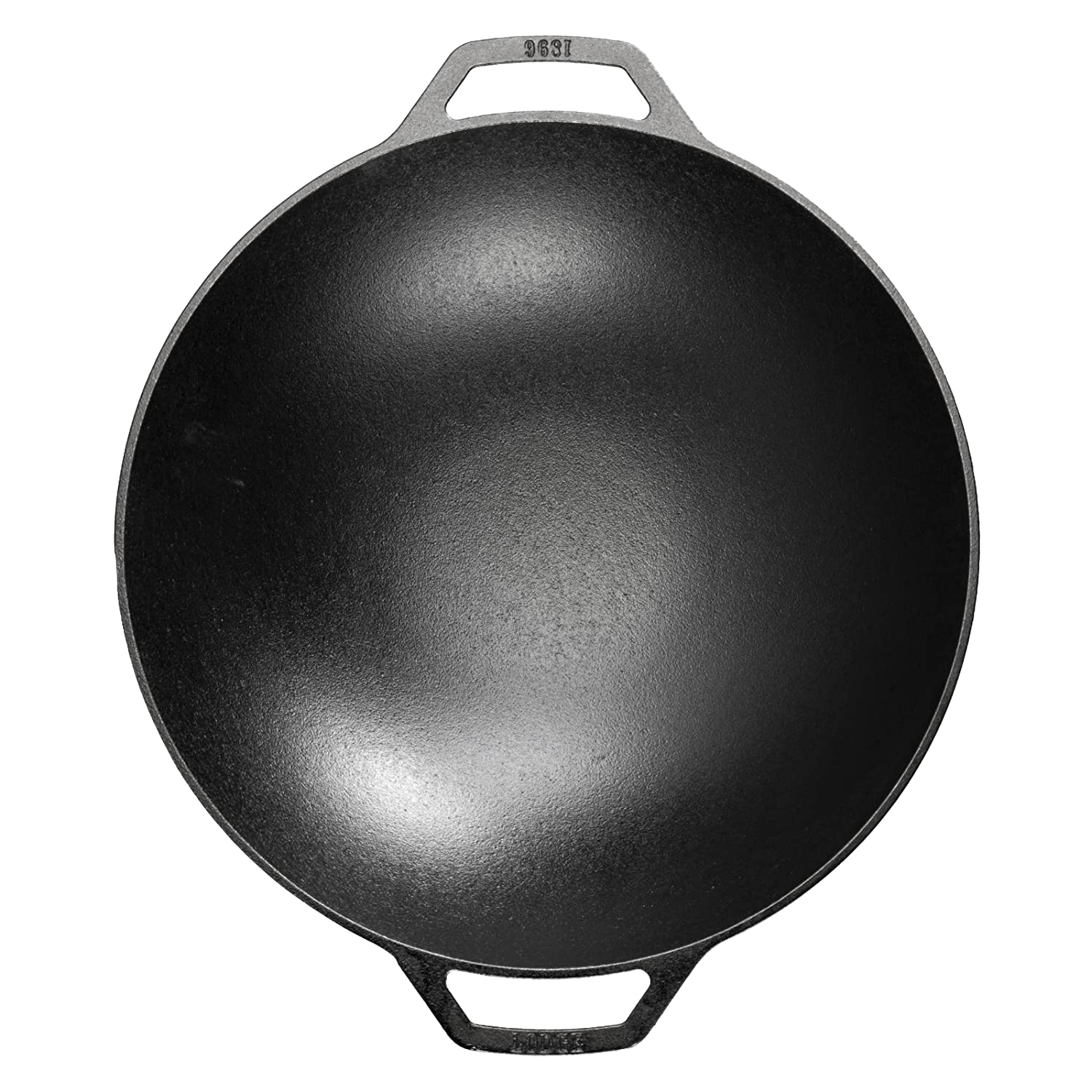 Black cast iron wok with wide base and dual handles, part of kitchenware and Lodge Cast Iron cookware collections under $100