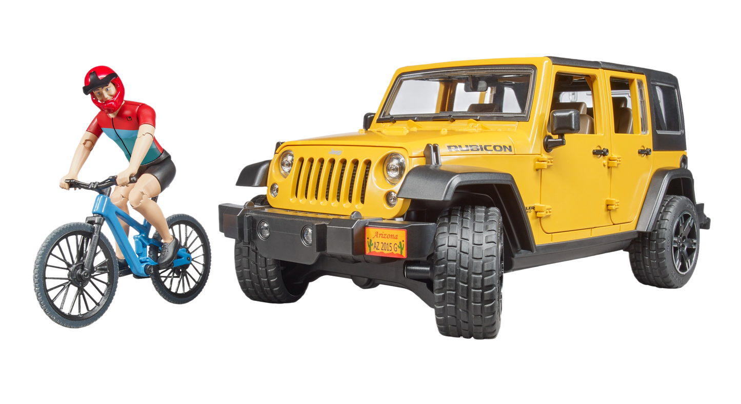Yellow Bruder Jeep Wrangler Rubicon Unlimited toy with blue bike and cyclist figure from Vehicles & Remote Controlled Toys collection