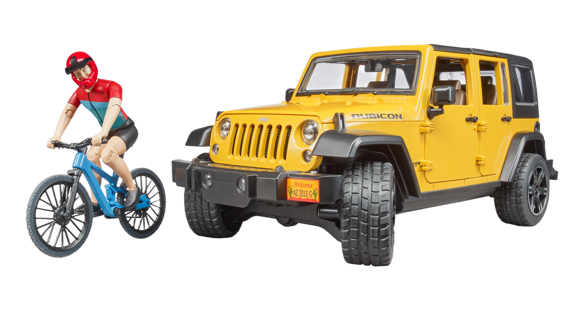 Yellow Bruder Jeep Wrangler Rubicon Unlimited toy with blue bike and cyclist figure from Vehicles & Remote Controlled Toys collection