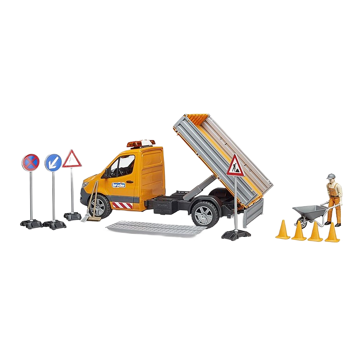 Yellow toy municipal vehicle with tipping bed, road signs, traffic cones, and construction worker figure for play and display