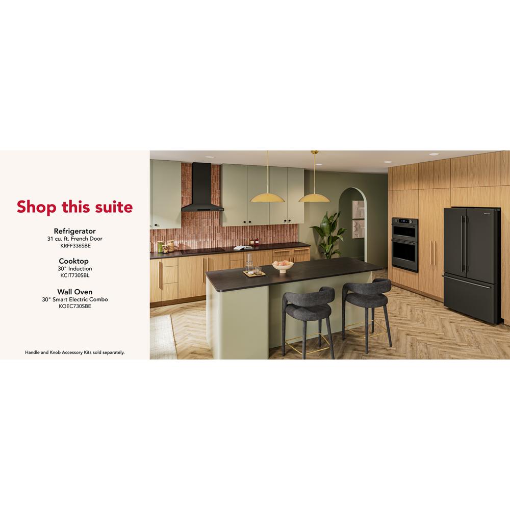 Contemporary kitchen featuring wood cabinetry, black refrigerator, built-in ovens, and black cooktop with matching range hood