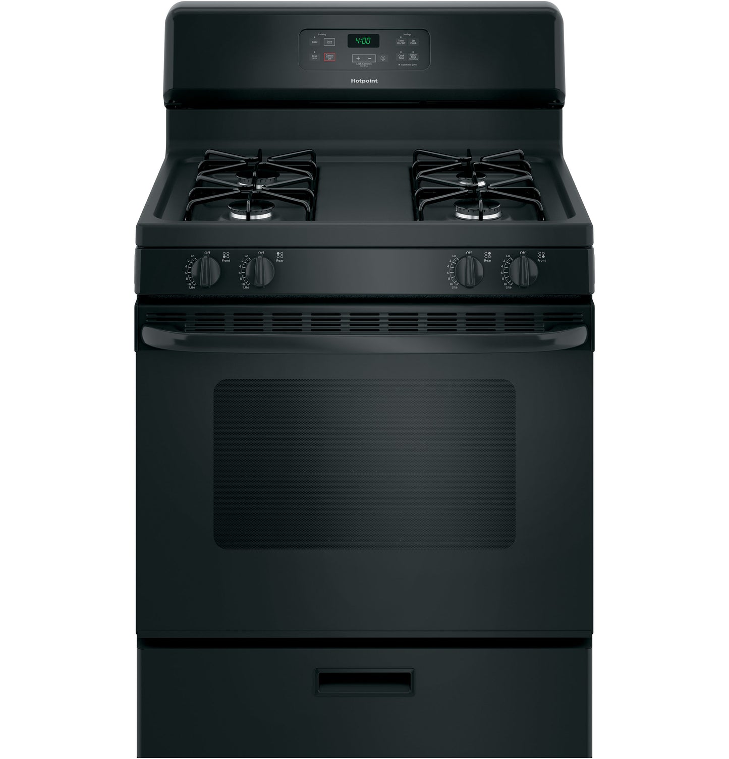 Black free-standing gas range with four burners and digital control panel in kitchen appliances collection
