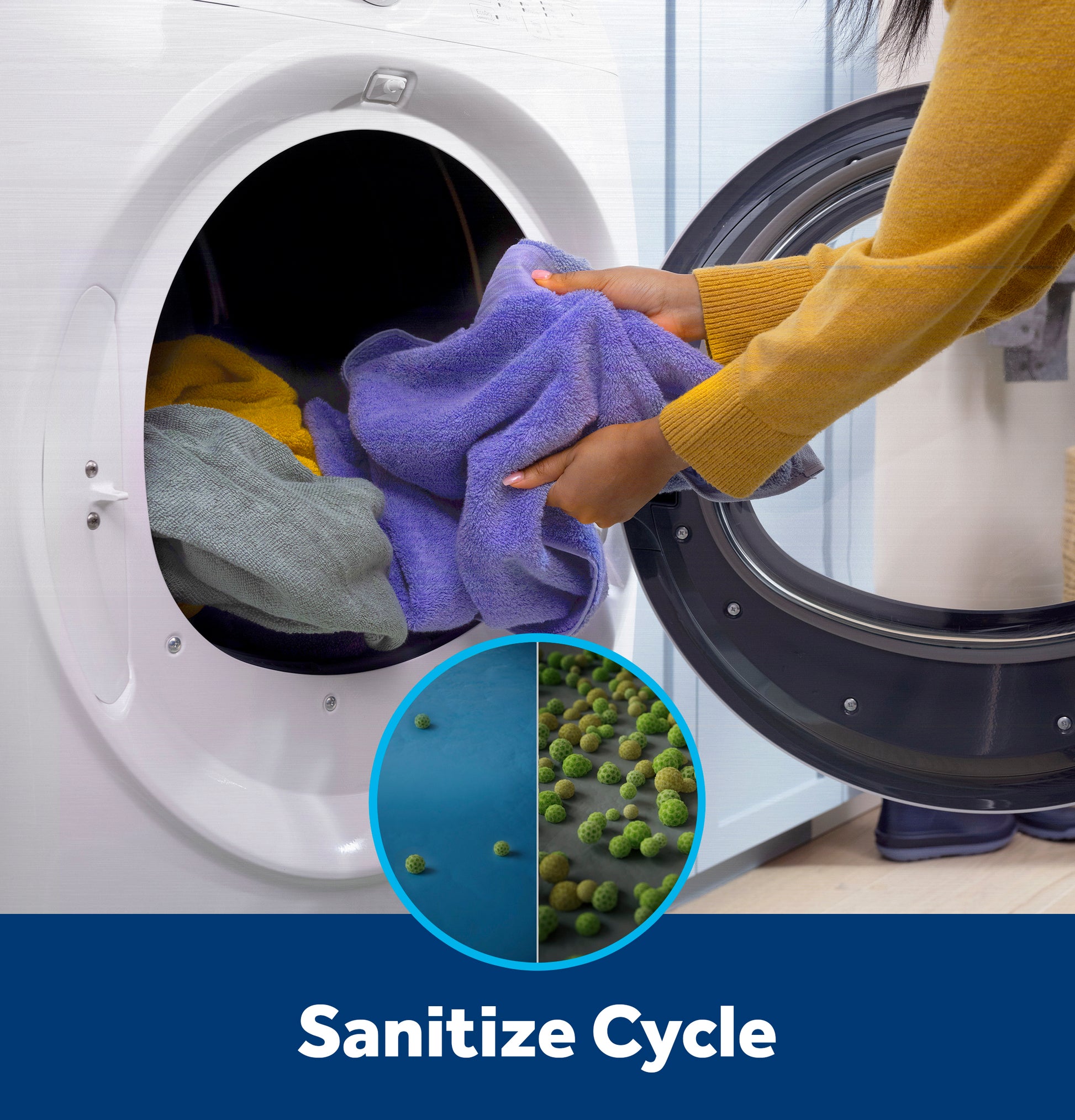 Person removing clean laundry from white front load dryer highlighting sanitize cycle feature in appliances collection