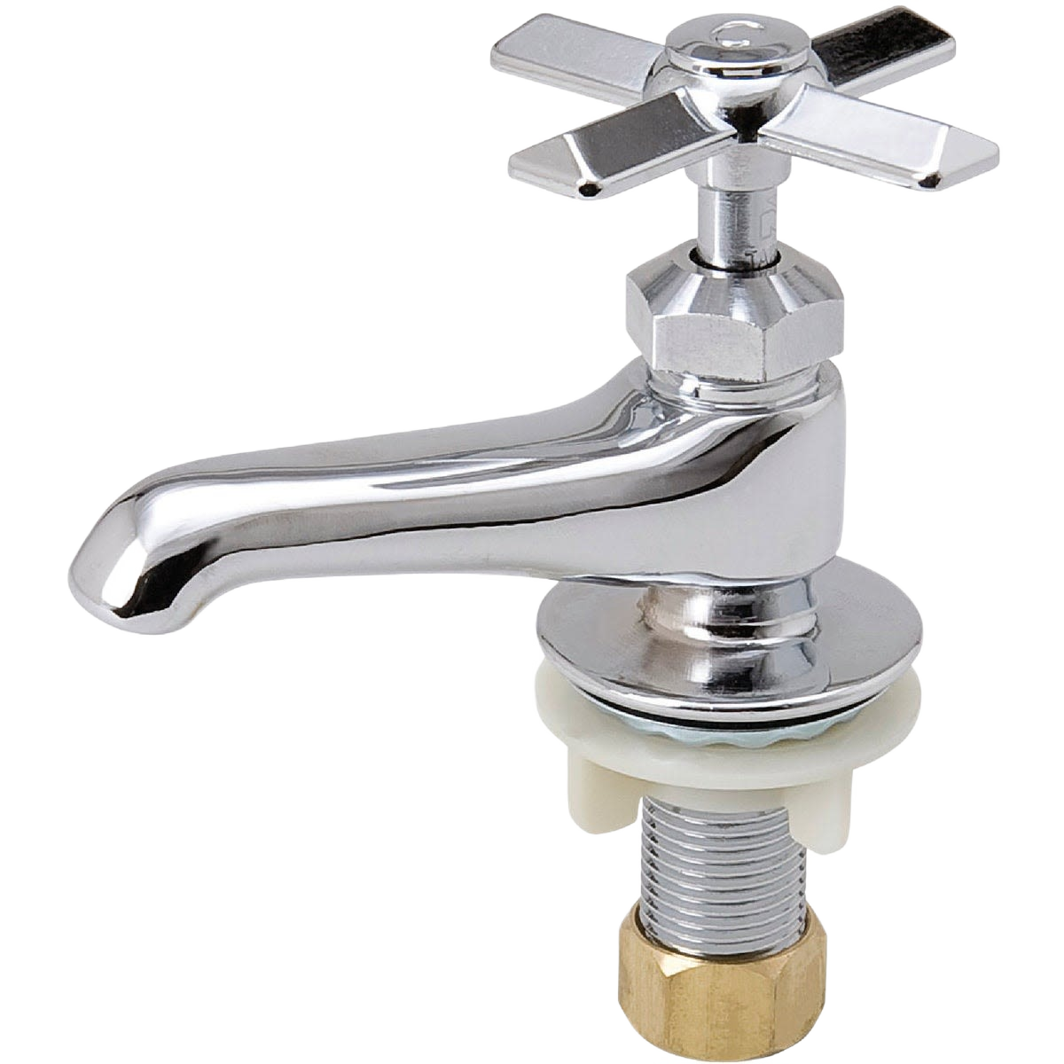 Polished chrome single basin faucet with cross handle designed for home improvement plumbing projects
