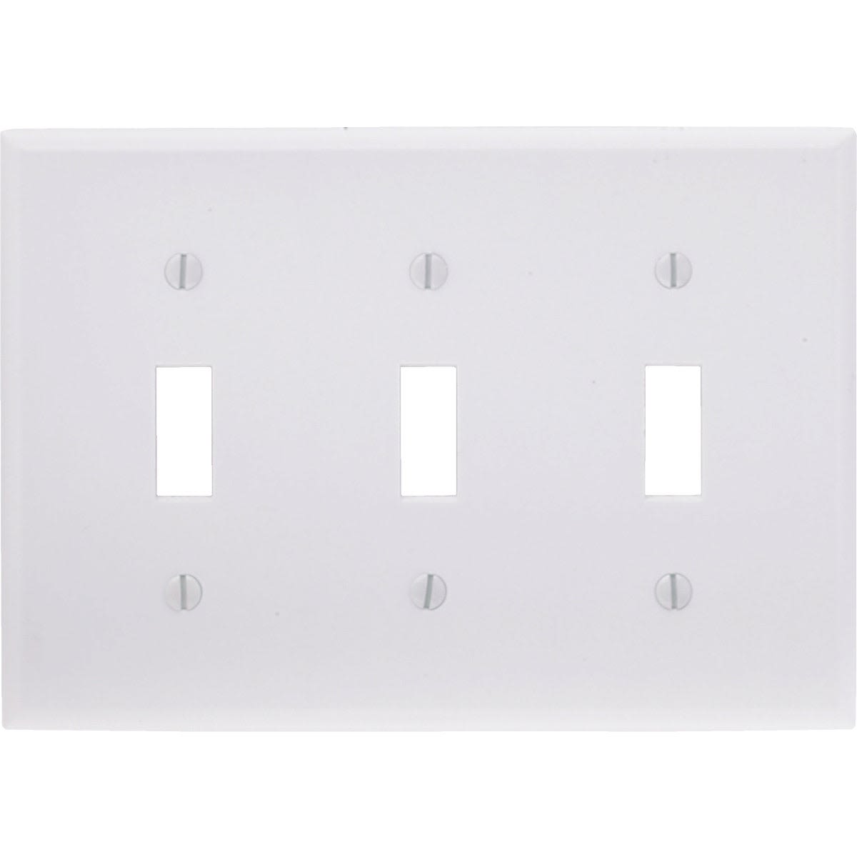 White plastic wall plate with three toggle switch openings for home improvement electrical upgrades