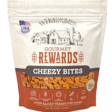 Re-sealable bag of oven-baked Wholesomes Gourmet Cheezy Bites dog treats with cheddar flavor under $50 collection