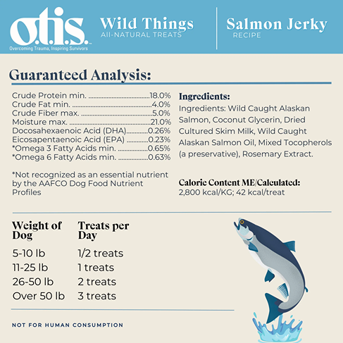 Nutritional label for Otis salmon jerky dog treats showing protein content, ingredients, calorie info, and feeding guidelines.