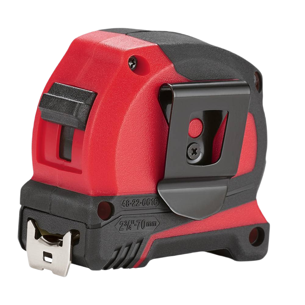 Compact red and black Milwaukee 16-foot tape measure with reinforced frame for hand and woodworking tools collections