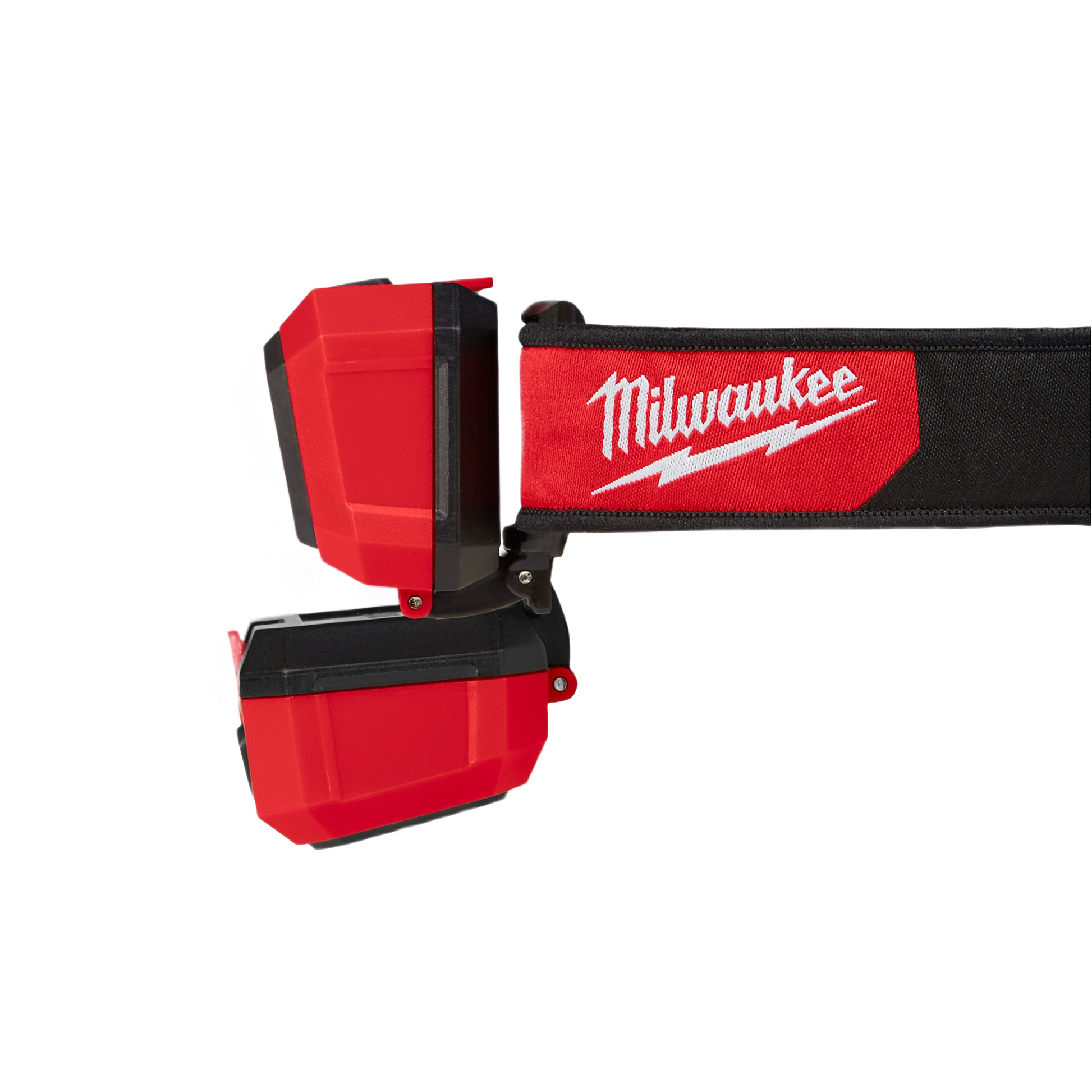 Red and black adjustable spot and flood light headlamp with branded strap for hands-free tools and home improvement use