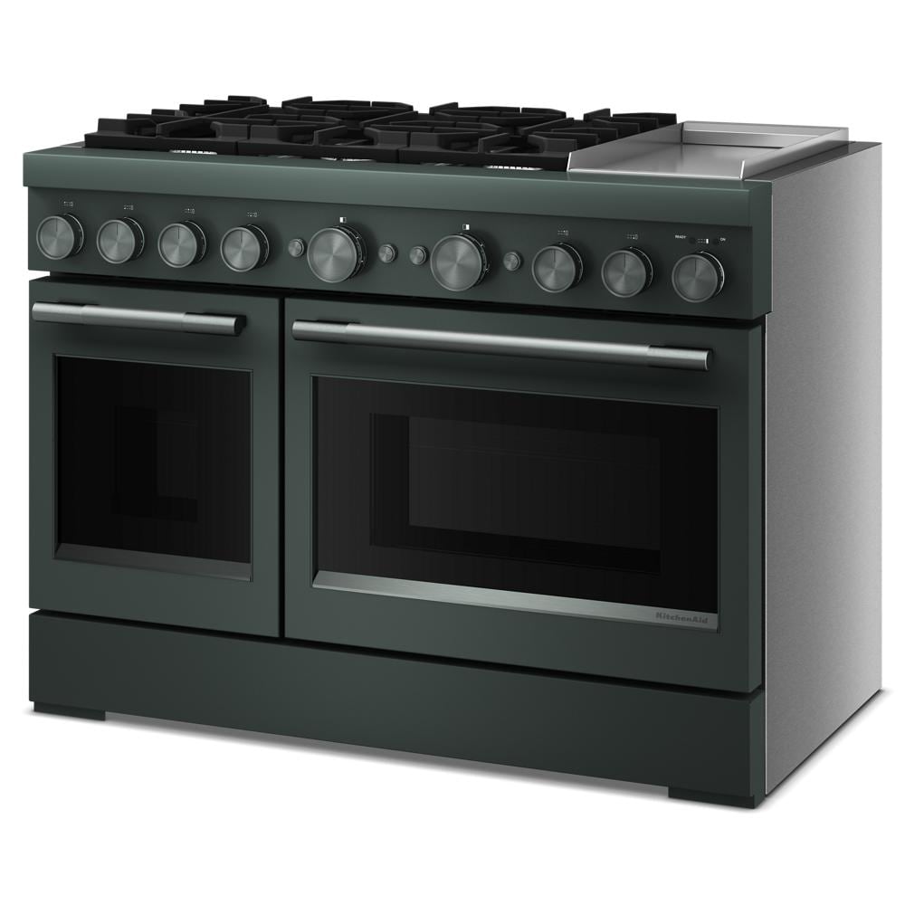 48-inch commercial dual fuel range with six burners, electric griddle, and double ovens for kitchen improvement