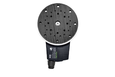 Top view of a Festool random orbit sander with black sanding pad and ergonomic design for power tools and home improvement.