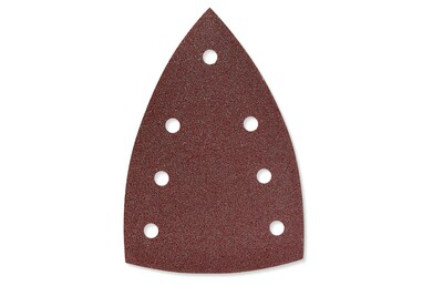 Single burgundy Delta abrasive sanding sheet with eight ventilation holes for precision sanding tools and home improvement tasks