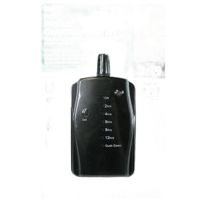 Black outdoor LED countdown timer with light sensor and two outlets for home improvement and tool use