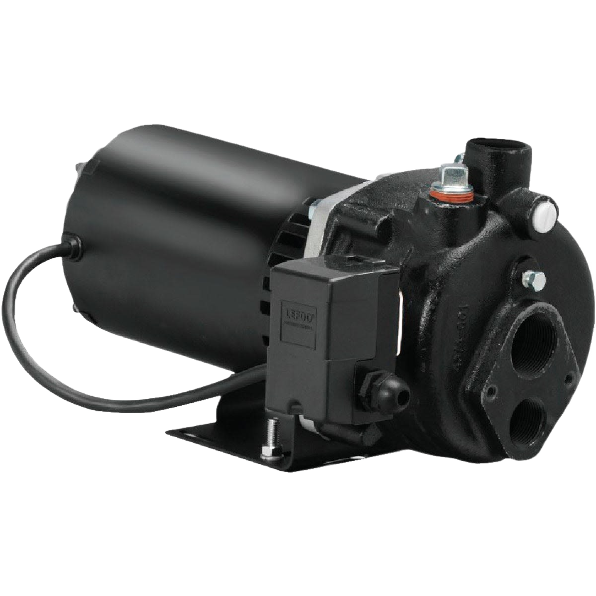 Black cast iron deep well jet pump with electrical motor for plumbing, water pumps, and home improvement tasks