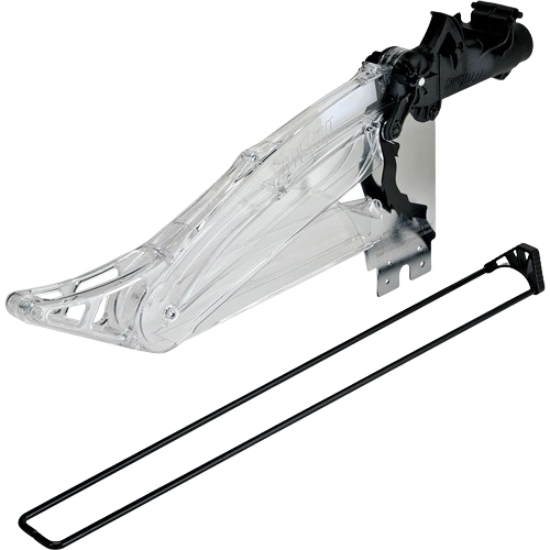 Clear plastic dust collection guard with black mounting bracket and metal support bar for saw accessories and power tools.