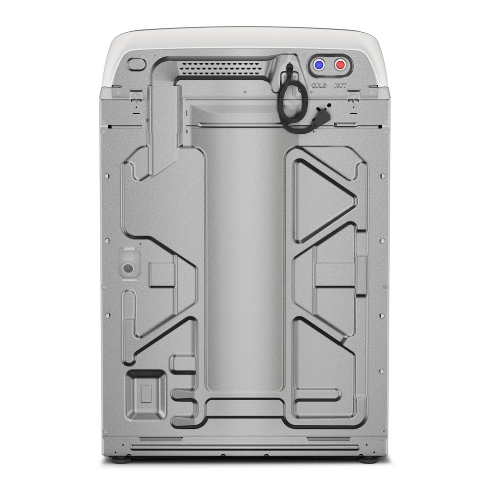 Rear view of silver top load washer with water supply connections and power cord in washers and dryers collection