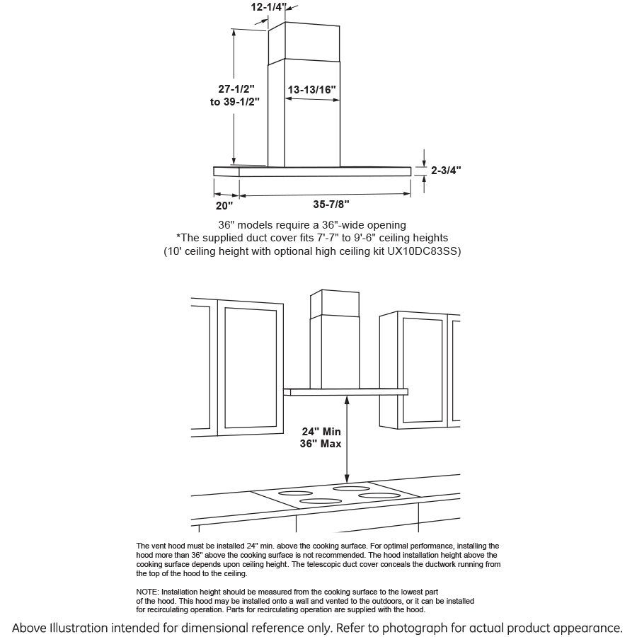 Technical drawing showing dimensions and installation guidelines for a wall mount range hood from kitchen appliances collection