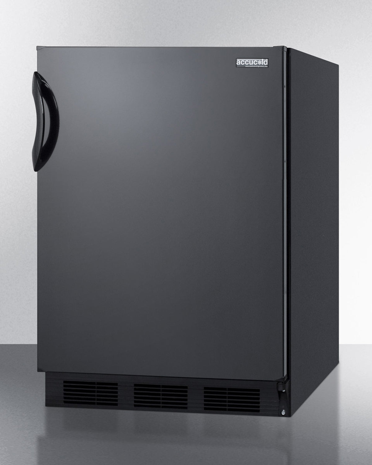 Black built-in undercounter all-refrigerator with curved handle, part of Refrigerators and Kitchenware appliances collection