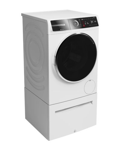 Compact white front load washer with digital controls and sleek black door in Bosch washers and appliances collection