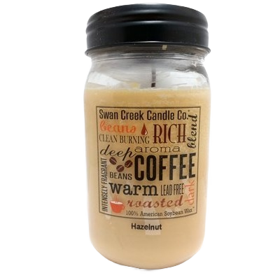 12 oz jar candle with hazelnut coffee scent and black lid by Swan Creek Candle Co.