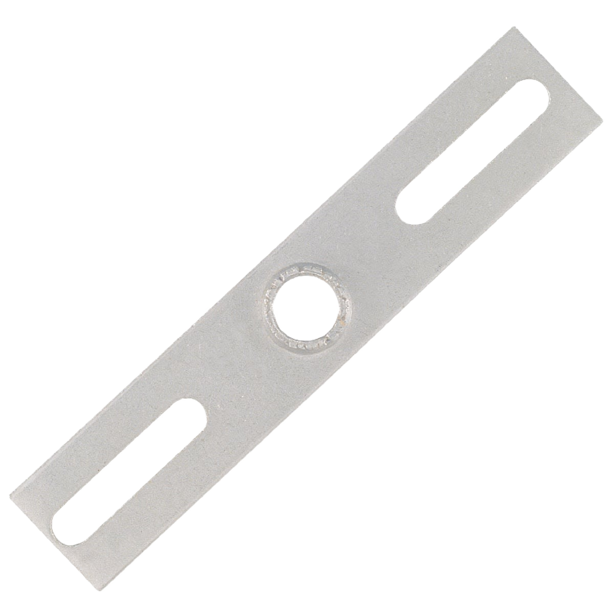 Steel crossbar with central hole and elongated slots on each end for home improvement and tools applications