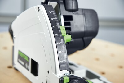 Close-up view of depth adjustment scale on Festool plunge cut track saw for precise cuts in power tools collection