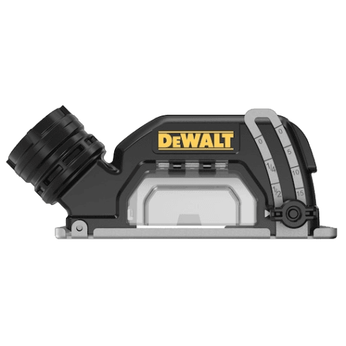 Black and yellow DEWALT angle guide attachment with clear depth adjustment markings for precise cuts, compatible with woodworking power tools.