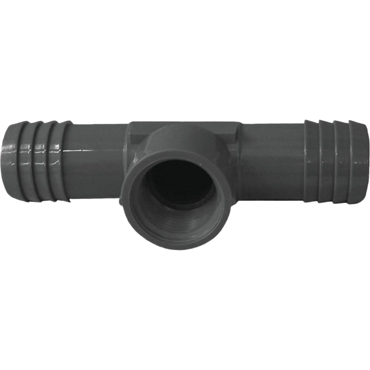 Gray polypropylene insert tee fitting with one female pipe thread and two barbed ends for plumbing applications