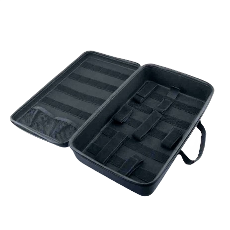 Black zippered organizer case with internal straps and mesh pocket for secure tool and accessory storage