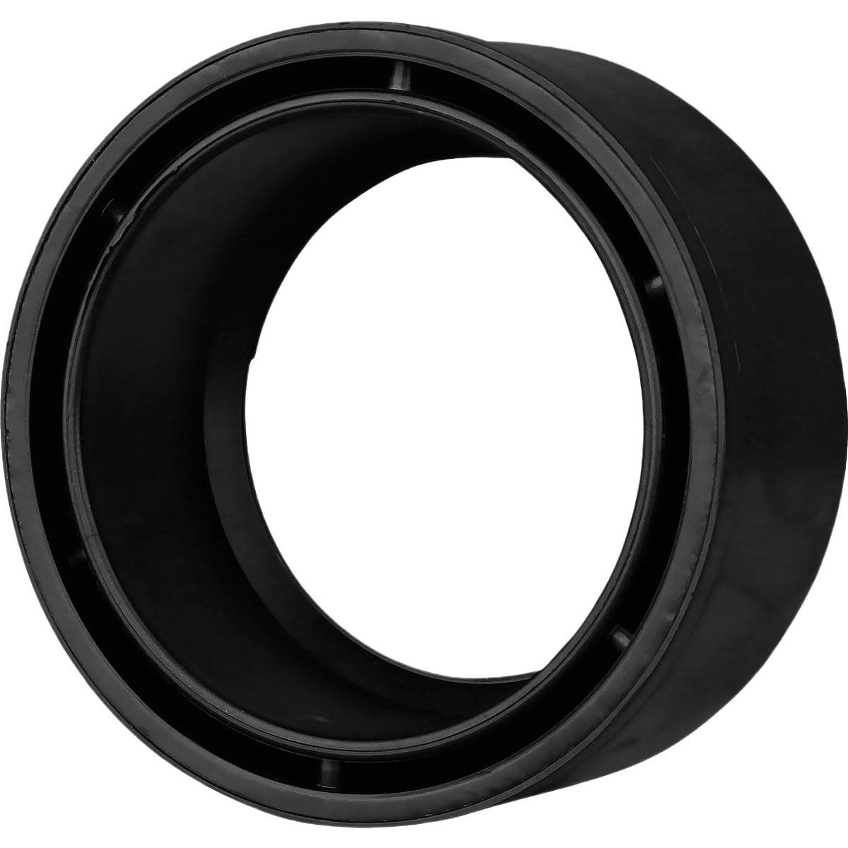 Black plastic reducer bushing designed for plumbing connections in home improvement and tools use