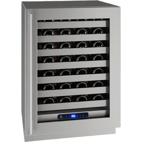 Compact stainless steel wine cooler with glass door, digital temperature control, ideal for kitchen and appliance collections